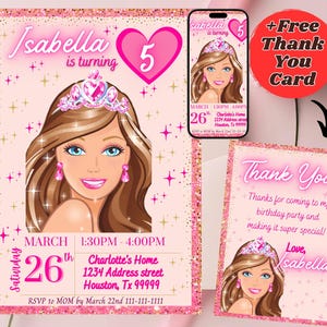Brunette afdrukbare pop verjaardagsuitnodiging bewerkbare meisjes glitter hart digitale kaart nodigt prinses canvas sjabloon + gratis bedankkaartje uit