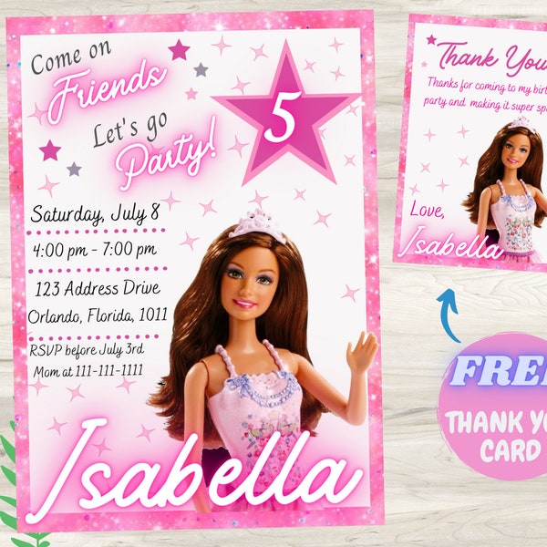 Editable Girls Birthday Invitation Heart Invitation Digital Template Card Invites E-invite Digital Princess Doll Invitations