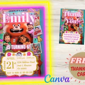 Faire-part virant au rouge pour fête d'anniversaire Meilin, carte d'invitation modifiable pour enfants avec panda roux, impression personnalisée de fichiers Pdf et fichiers Png Carte de remerciement !