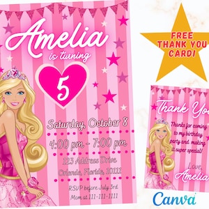 Convite de aniversário editável para meninas Convite de coração Modelo digital Cartão Convites E-convite Convites digitais de princesa Boneca