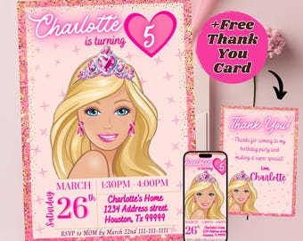 Girls Princess Birthday Invitation, Glitter Heart E-vite (Canva Template)