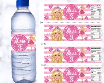 Editable Birthday Water Bottle Label, Girl Party Theme (Digital)