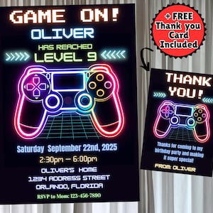 Faire-part de fête d'anniversaire de jeu vidéo néon de niveau supérieur pour les jeux Modèle imprimable sur toile de fête de jeu néon Glow et carte de remerciement gratuite !