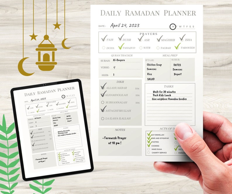 May include: A printable daily Ramadan planner with a beige background and green checkmarks. The planner includes sections for prayers, Quran tracker, meal prep, Dhikr, tasks, and acts of worship. The date is April 24, 2023.