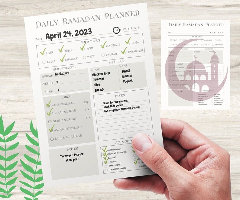 May include: A printable daily Ramadan planner with a checklist for prayers, a Quran tracker, a meal prep section, a list of tasks, and a section for acts of worship. The planner is dated April 24, 2023.