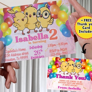 Invitación digital para fiesta de niña CANTICOS, tarjetas de invitación de cumpleaños para niña, invitaciones electrónicas digitales de pollitos y tarjeta de agradecimiento gratis.