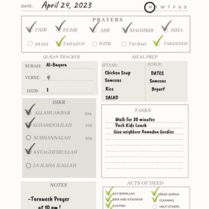 May include: A printable Ramadan planner with a checklist for daily prayers, meals, tasks, and acts of deed. The planner includes a section for Quran tracking, Dhikr, and notes. The date is April 24, 2023.
