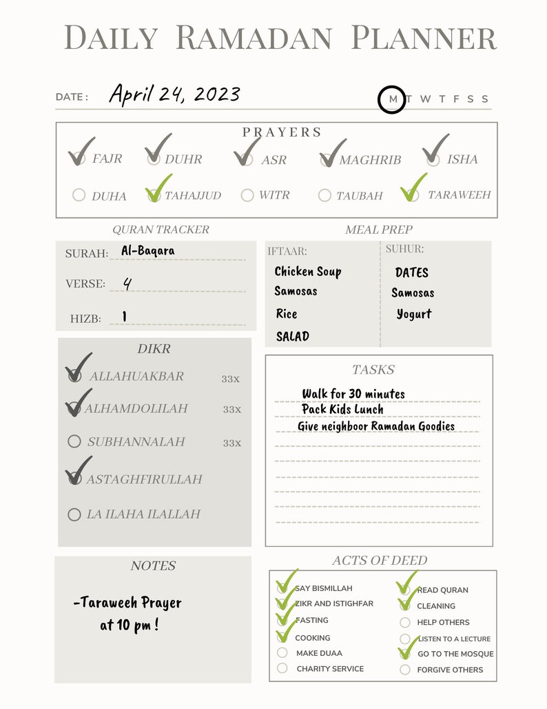 May include: A printable Ramadan planner with a checklist for daily prayers, meals, tasks, and acts of deed. The planner includes a section for Quran tracking, Dhikr, and notes. The date is April 24, 2023.