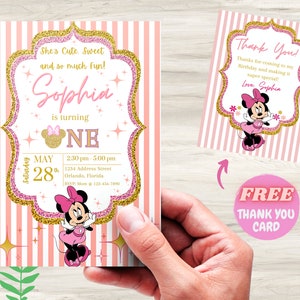 Invitation d'anniversaire Minnie Mouse UN numérique | Invitations fête d'anniversaire pour enfants | Invitation électronique | Carte d'invitation numérique et carte de remerciement gratuite pour toute petite fille