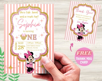 Invitación de cumpleaños de Minnie Mouse / Tarjeta de agradecimiento editable para primer cumpleaños (digital)