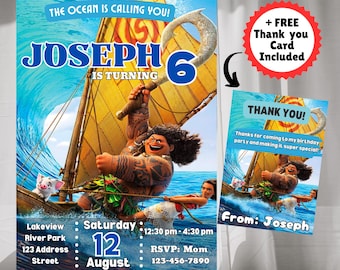 Moana Birthday Invitation, Maui Card, Editable Disney Invite (Free Thank You Card)