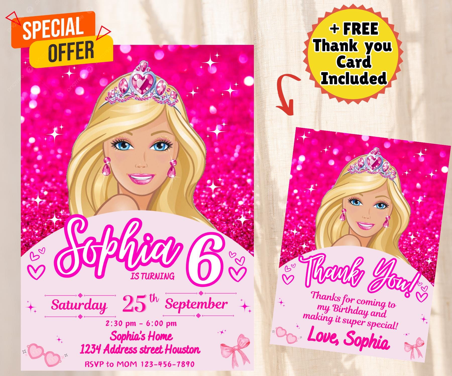 Editable Girls Birthday Invitation Heart Digital Template Card Invites E-invite Digital Princess Doll Invitations and Thank you Card
