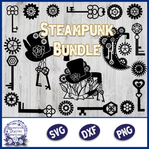 May include: A digital download bundle of 10 steampunk-themed SVG, DXF, and PNG files. The bundle includes images of gears, keys, and hats. The text "STEAMPUNK BUNDLE" is displayed in the centre of the image.