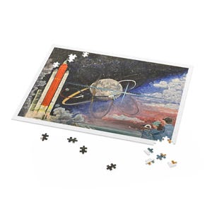 May include: A partially assembled jigsaw puzzle featuring a retro-style space scene with a rocket, planet, and figures. The puzzle has a white border and scattered pieces.