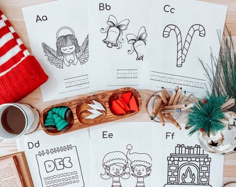 Imprimibles navideños para niños.Páginas para colorear navideñas.Alfabeto navideño.Escuela en casa.Imprimible preescolar navideño.Práctica de escritura a mano.Rastreo