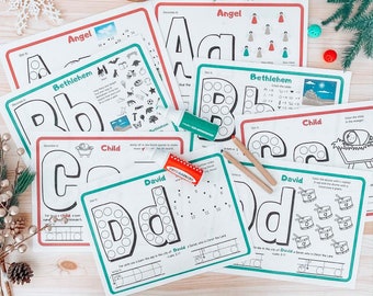 Imprimibles navideños para niños. Alfabeto navideño. Escuela en el hogar. Actividades bíblicas ABC para niños, alfabeto de versículos bíblicos para niños. Tarjetas de Escritura para niños