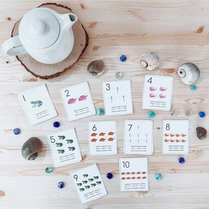May include: A set of ten colorful flashcards with numbers 1 through 10. Each card features a different number of animals, including frogs, turtles, and snails. The cards are designed for learning to count and number recognition.