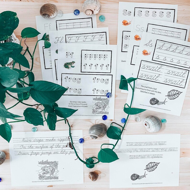 May include: A set of printable worksheets for preschoolers featuring the letters 'F' and 'S'. The worksheets include tracing lines, writing practice, and simple sentences about frogs and snails. The worksheets are decorated with illustrations of frogs and snails.