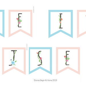 Puede incluir: Una pancarta imprimible con la palabra "HE IS RISEN" en letras negras con acentos florales. La pancarta est&aacute; compuesta por banderines azules y rosas alternados.