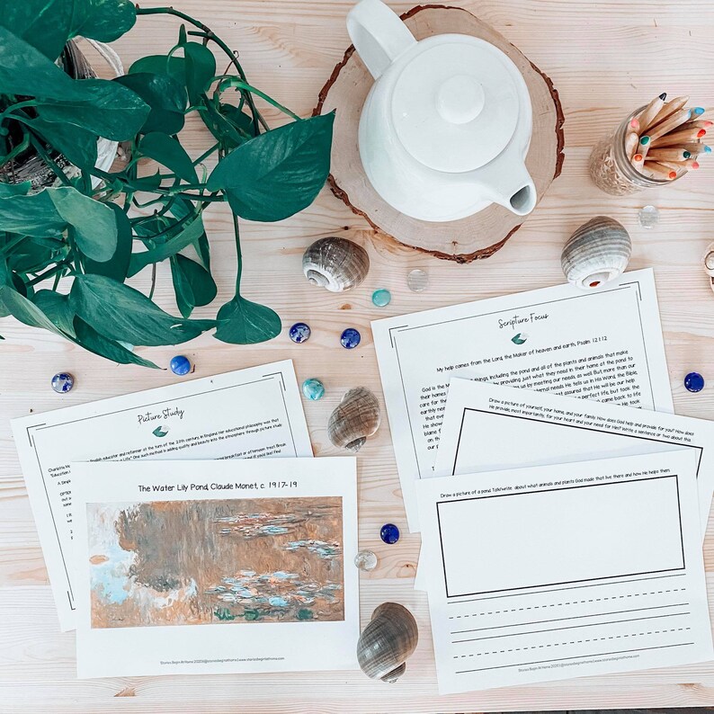 May include: A printable worksheet with a picture study of Claude Monet's "The Water Lily Pond" painting and a scripture focus on God's care for creation from Psalm 121:2. The worksheet includes questions about the painting and space to draw a picture of a natural habitat.
