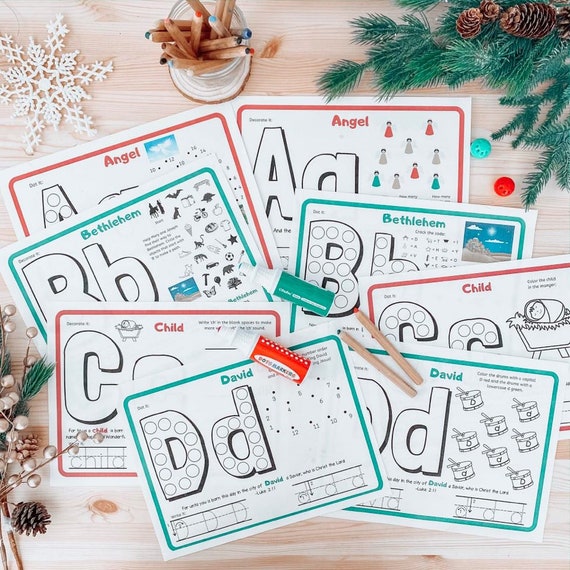 Christmas Printables Kids.Christmas Alphabet.Homeschool.ABC Bible Activities for Kids, Kid's Bible Verse Alphabet.Kid's Scripture Cards