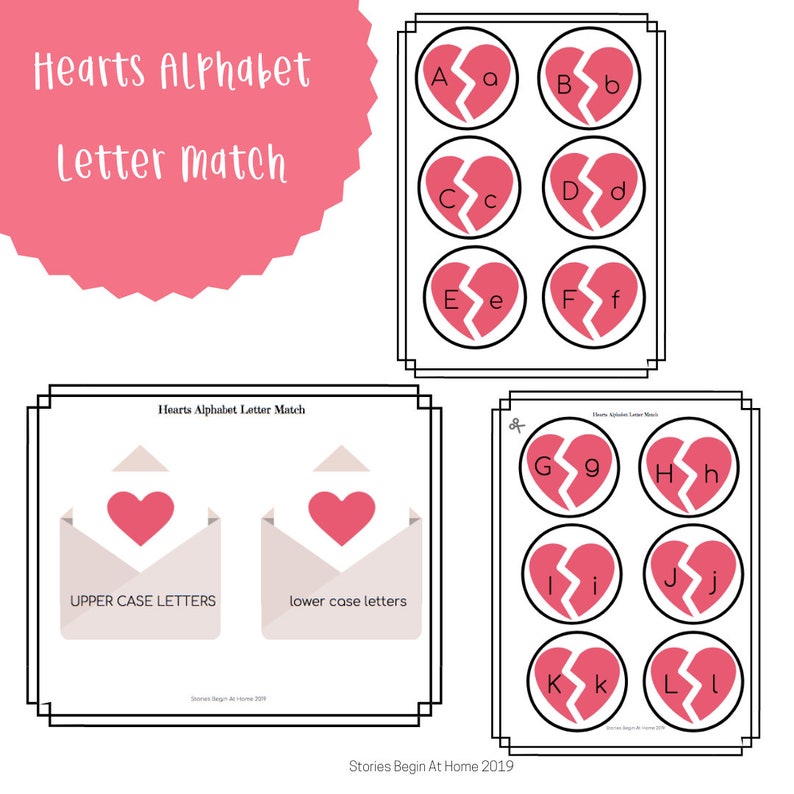 Puede incluir: Un juego de letras imprimibles para ni&ntilde;os. El juego presenta letras may&uacute;sculas y min&uacute;sculas impresas en corazones. Las letras est&aacute;n impresas en negro sobre un fondo rosa.