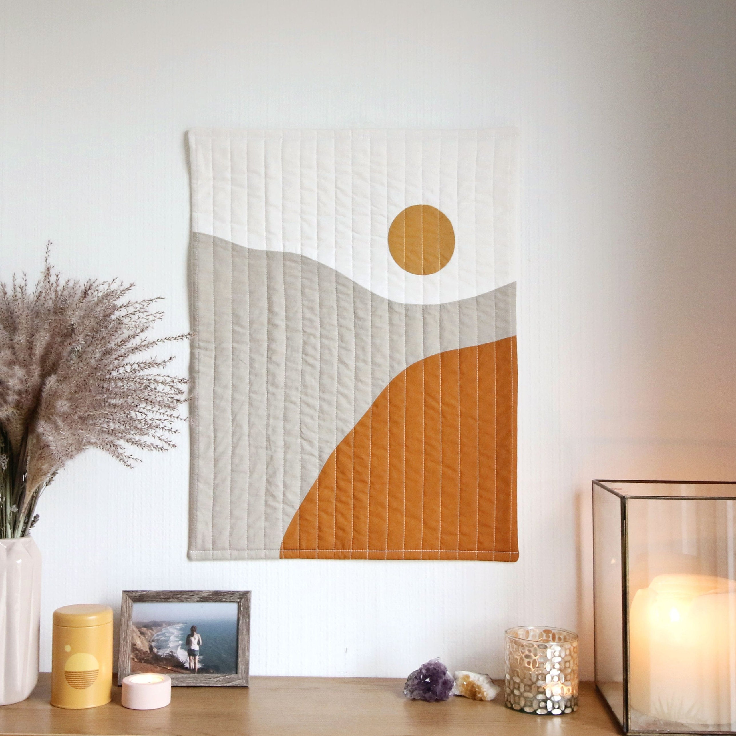 Sunrise quilted wall hanging. Modern fabric wall hanging. Etsy