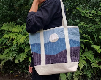 Nature-Inspired Handmade Quilted Canvas Tote Bag with Pocket