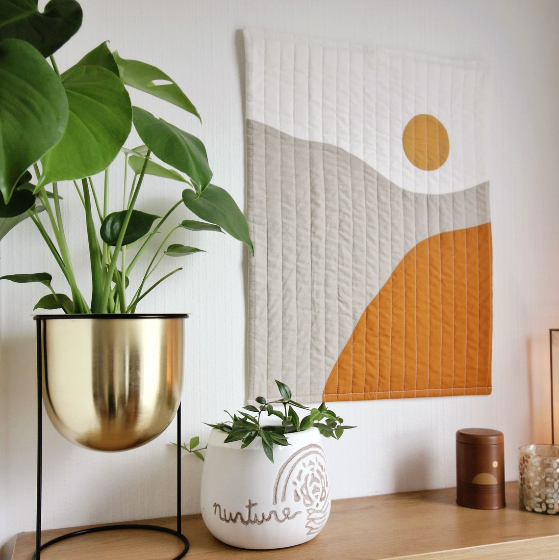 Sunrise quilted wall hanging. Modern fabric wall hanging. Etsy