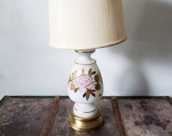 West German Pink Gold Handpainted Floral Glass Hollywood Regency Lamp