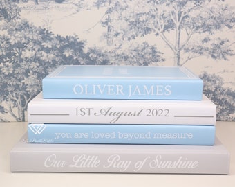 Personalised BABY Boy BIRTH Details Book Set in Blue / Bespoke Personalised  Custom Nursery Decor Books / Blank Pages