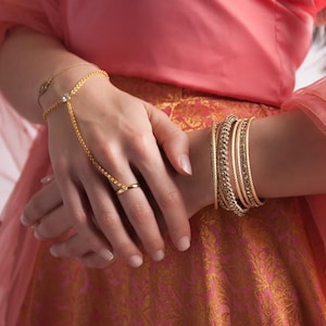 Gold Hand Chain Bracelet with Ring – Minimalist Slave Bracelet with Rhinestone Accent