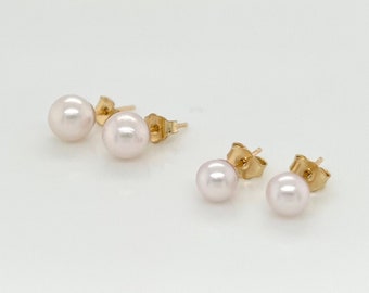 Beautiful Akoya Japanese High Quality Rose Pearl Earring Studs-Grade AAA-14K Gold- 5mm-6mm -Dainty-June Birthstone-High Luster-Perfect Round