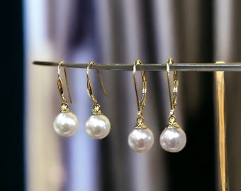Beautiful Genuine Akoya Pearl Dangle Earrings- Real Solid 14K Yellow Gold- Dainty-Gift-Feminine Fine Jewelry-June Birthstone-Bride-Wedding