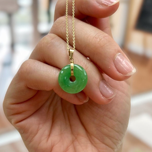 Real Jade Small Donut Round Pendant-Jade Circle Necklace-Solid 14K Yellow Gold- Dainty -Good Luck Gift-Adults/Kids-Lucky-Light-Everyday Wear