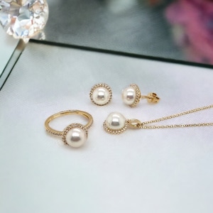 Beautiful Genuine Japanese Akoya Pearl Diamond Set- Real Solid 14K Yellow Gold Settings- 100% Real Natural Diamond Stones Halo- Bribe/ Gift