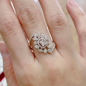 Genuine Baguette Real Natural Mined Diamond Ring - 18k White Gold - Round Diamond- Engagement- Unique Victorian Style- Fine Jewelry- Vintage
