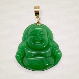 Genuine Jade Pendant Laughing Buddha Necklace - 14K Solid Gold - Real Jade - Hand-Carved Jade - Hotei - Good Fortune - Wisdom - Wealth