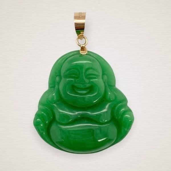 Genuine Jade Pendant Laughing Buddha Necklace - 14K Solid Gold - Real Jade - Hand-Carved Jade - Hotei - Good Fortune - Wisdom - Wealth