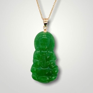 Jade Pendant Real Guan Yin Necklace/14K Yellow Gold Bail/Female Buddha/Goddess of Mercy, Forgiveness, Love/ Guan Shi Yi/Guan Yim/Kwun Yum