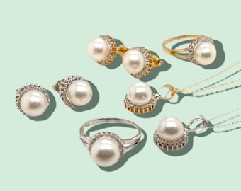 Cultured White Pearl Jewelry Set-Earring Studs/Ring/Pendant- Real Diamonds- 14K Yellow/White Gold-Round-Halo- 8mm White Pearls-Wedding-Bride