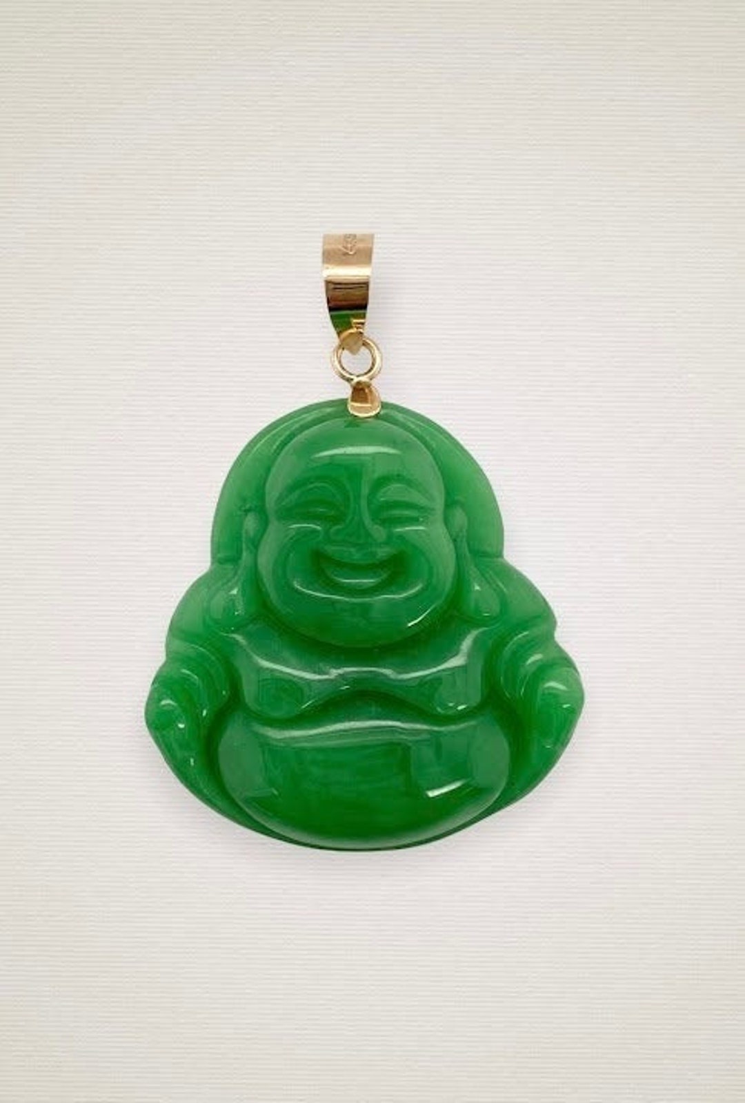 Genuine Jade Pendant Laughing Buddha Necklace - 14K Solid Gold