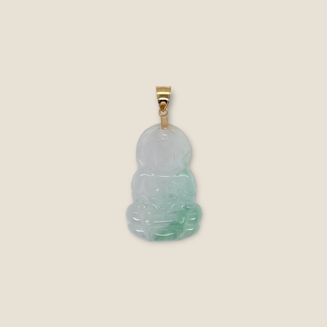 Green Jade Guanyin Kwan-yin Buddha Pendant Necklace – Yellow Gold Plated