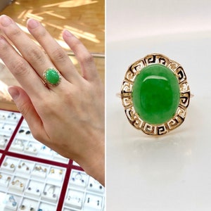 Real Jade - Solid 14K Gold - Ring - Statement - Unique - Beautiful Jade - High Quality - Wealth - Luck - Health