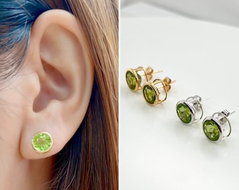 Genuine Peridot Earring Studs 9mm- Real 14K Yellow/White Gold - Round Gemstone - Gift - August Birthstone - Bright Green - Minimal - Unisex