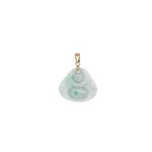 May include: A jade green pendant featuring a carved jade Buddha figure with a gold bail. The pendant is a light green color with a smooth, polished finish.