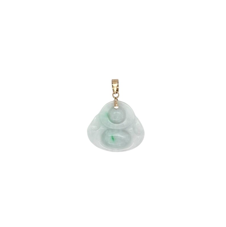 May include: A jade green pendant featuring a carved jade Buddha figure with a gold bail. The pendant is a light green color with a smooth, polished finish.