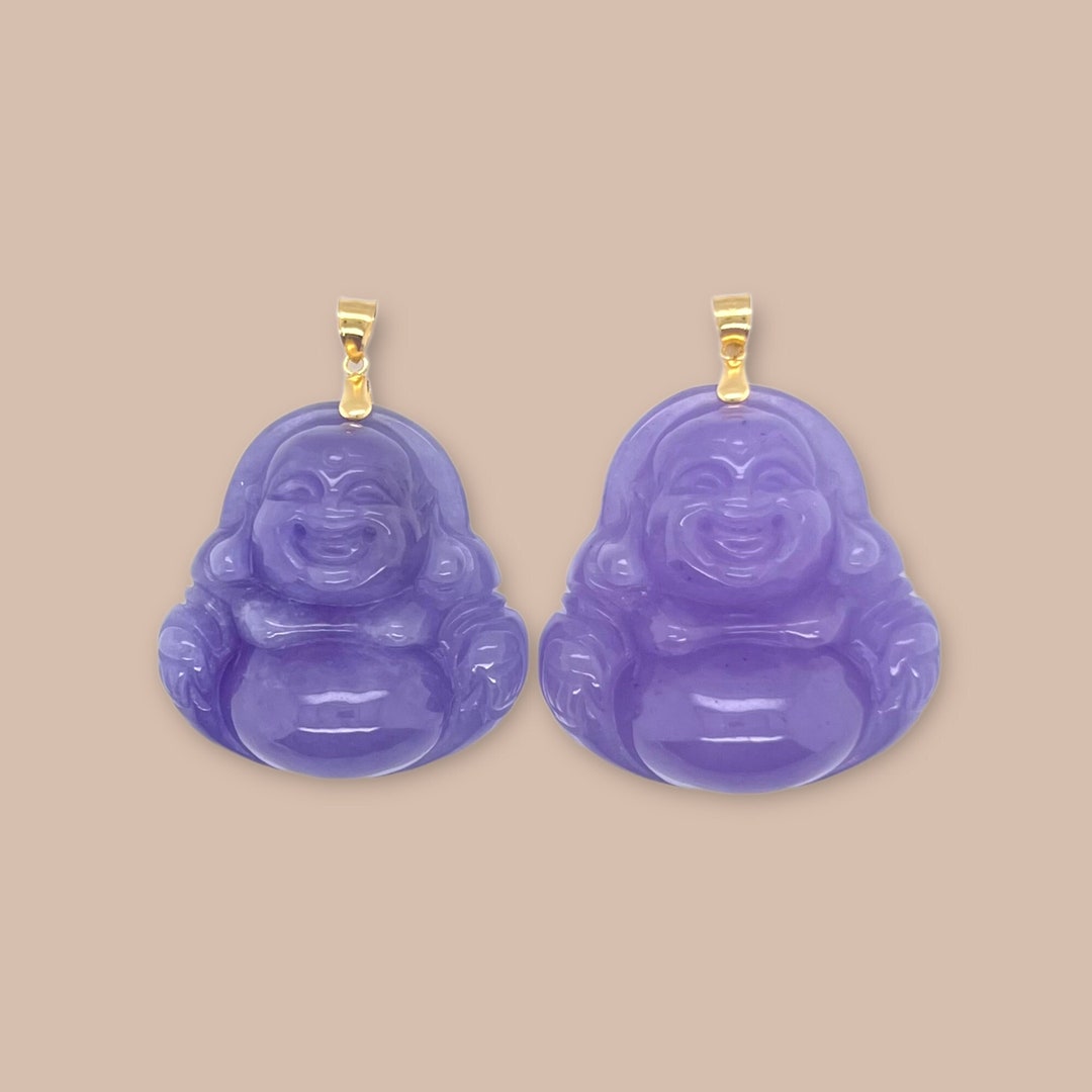 Real Purple Jade 18K Bail Laughing Buddha Necklace Pendant Genuine Lucky Lavender Jade Gift