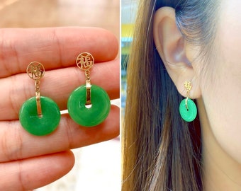 Real Jade 14K Gold Circle Round Shape Dangling Earrings - Chinese &quot;FU&quot; - Good Luck / Good Fortune - Prosperity - Happiness - Fine Jewelry