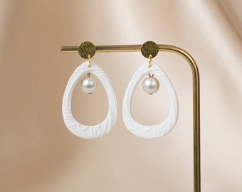 Elegant white earrings with pearl, Teardrop hoop earrings, Gift for her